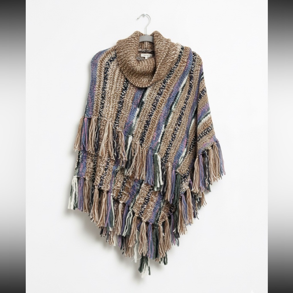 Multicolor Striped Poncho with Fringe